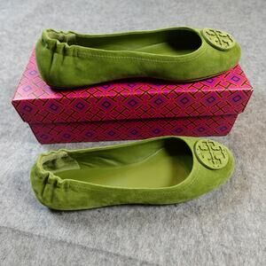 Tory Burch Shoes Womens 8.5 NIB Minnie Travel Ballet Sensory Suede Shiso Green